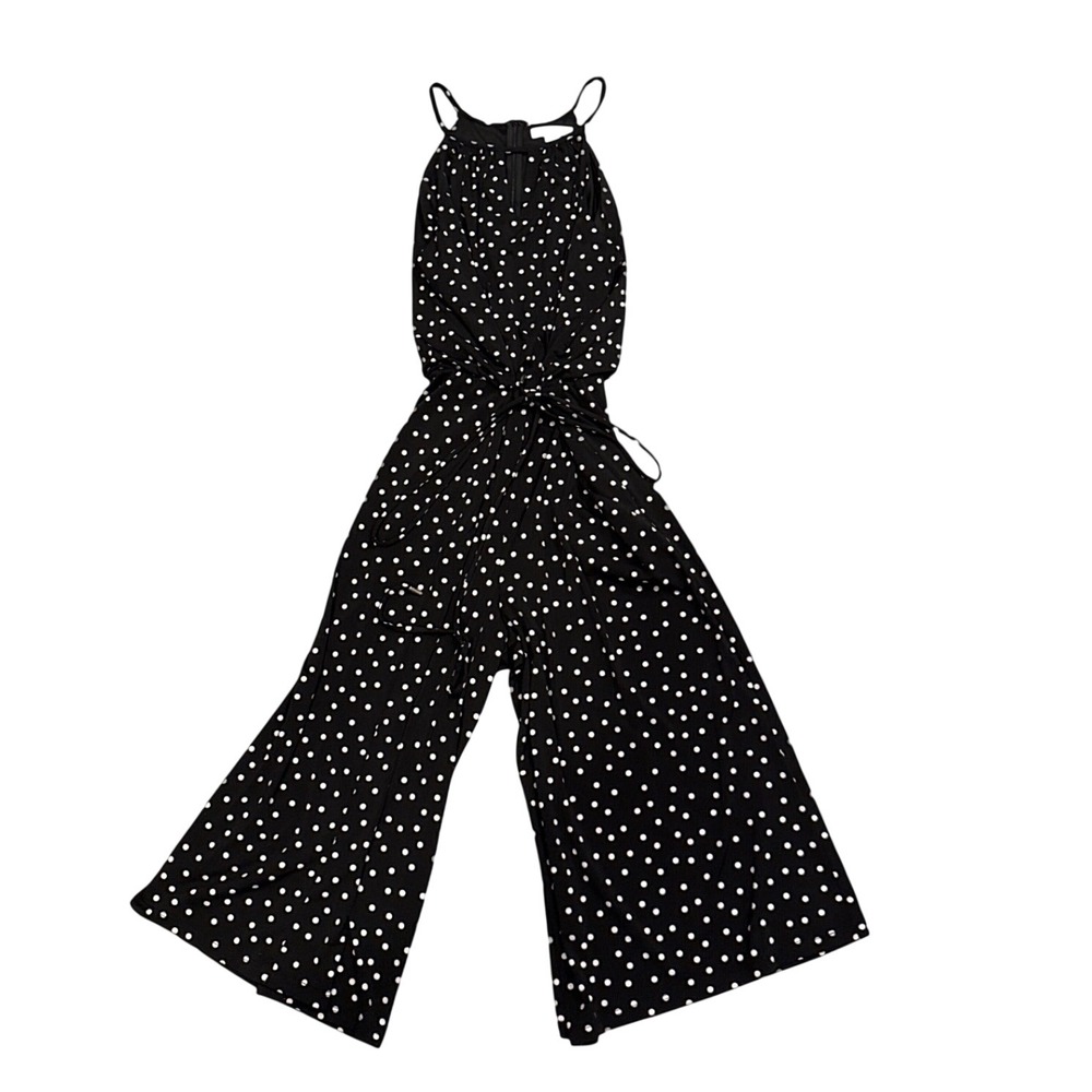 London Times Women's Chic Black White Polka Dot Halter Wide Leg Jumpsuit Size 12